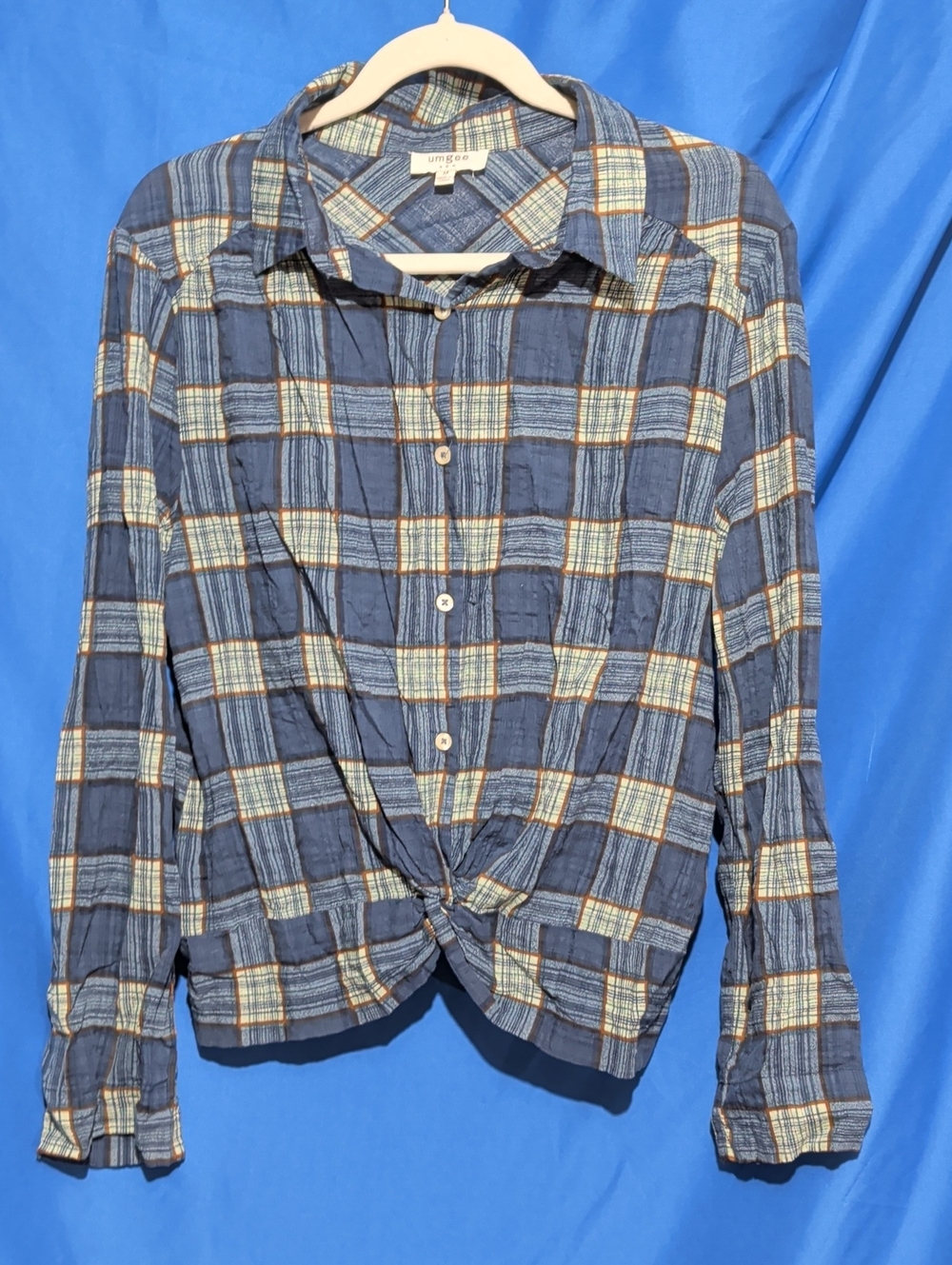Umgee Medium Blue and Cream Plaid Button-Down Shirt with Front Twist